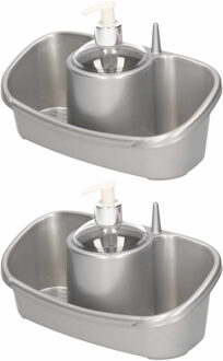 2x Sponsbakjes met zeep pompje/dispenser zilver 26 cm