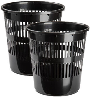 2x stuks afvalbakken/vuilnisbakken/kantoorprullenbakken plastic zwart 28 cm
