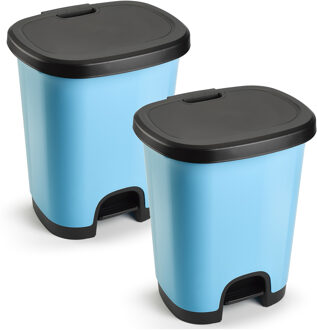 2x Stuks afvalemmer/vuilnisemmer/pedaalemmer 18 liter in het lichtblauw/zwart met deksel en pedaal