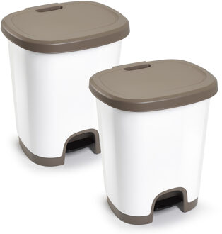 2x Stuks afvalemmer/vuilnisemmer/pedaalemmer 27 liter in het wit/taupe met deksel en pedaal
