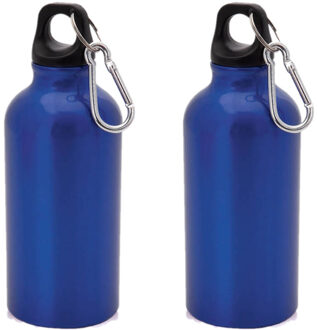 2x Stuks aluminium waterfles/drinkfles blauw met schroefdop en karabijnhaak 400 ml