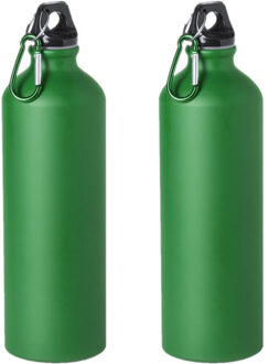 2x Stuks aluminium waterfles/drinkfles groen met schroefdop en karabijnhaak 800 ml - Drinkflessen