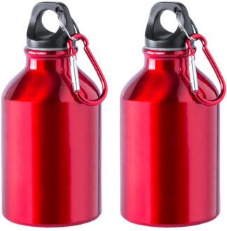 2x Stuks aluminium waterfles/drinkfles rood met schroefdop en karabijnhaak 330 ml - Drinkflessen