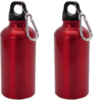 2x Stuks aluminium waterfles/drinkfles rood met schroefdop en karabijnhaak 400 ml - Drinkflessen