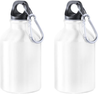 2x Stuks aluminium waterfles/drinkfles wit met schroefdop en karabijnhaak 330 ml - Drinkflessen