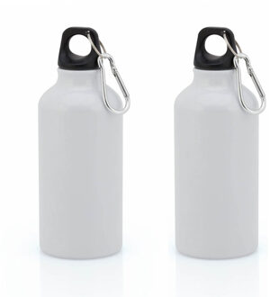 2x Stuks aluminium waterfles/drinkfles wit met schroefdop en karabijnhaak 400 ml - Drinkflessen