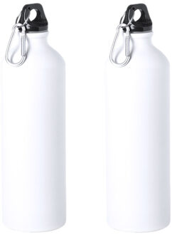 2x Stuks aluminium waterfles/drinkfles wit met schroefdop en karabijnhaak 800 ml