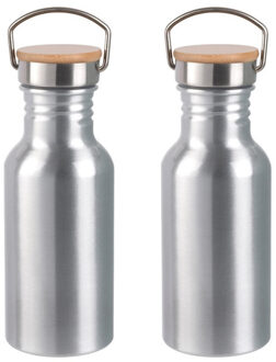 2x Stuks Aluminium Waterfles/drinkfles Zilver Met Bamboe Schroefdop 550 Ml - Drinkflessen Zilverkleurig