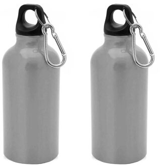 2x Stuks aluminium waterfles/drinkfles zilver met schroefdop en karabijnhaak 400 ml - Drinkflessen Zilverkleurig