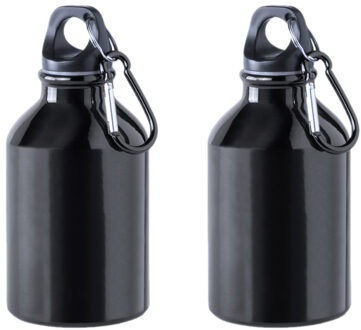 2x Stuks aluminium waterfles/drinkfles zwart met schroefdop en karabijnhaak 330 ml - Drinkflessen