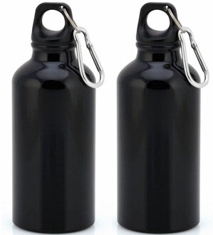 2x Stuks aluminium waterfles/drinkfles zwart met schroefdop en karabijnhaak 400 ml - Drinkflessen