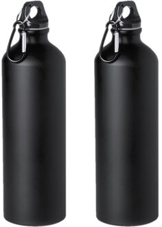 2x Stuks aluminium waterfles/drinkfles zwart met schroefdop en karabijnhaak 800 ml - Drinkflessen