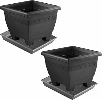 2x stuks antraciet grijze plantenbakken/bloembakken met onderschaal 40 x 40 x 31.5 cm