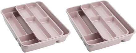2x stuks bestekbakken - houders - 2 lagen - 40 x 30 x 7 cm - roze - kunststof - lade opbergers