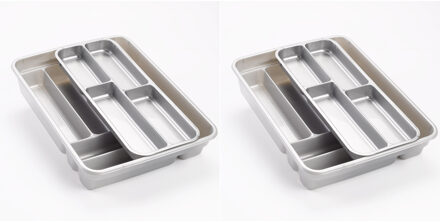 2x stuks bestekbakken - houders - 2 lagen - 40 x 30 x 7 cm - zilver - kunststof - lade opbergers