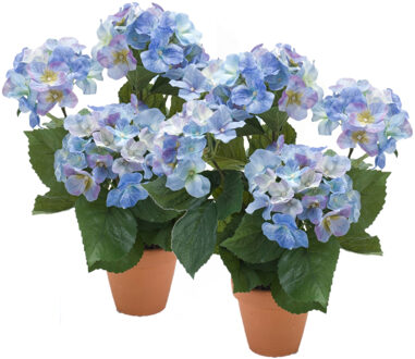 2x stuks blauwe hortensia kunstplant in terracotta pot 40 cm - Kunstplanten Multikleur