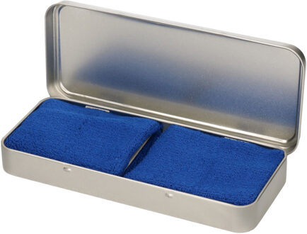 2x stuks blauwe sport zweetbandjes in metalen opslag/bewaar doosje