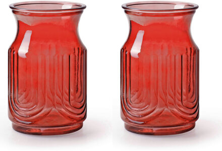 2x Stuks Bloemenvazen - rood/transparant glas - H20 x D12.5 cm - Vazen