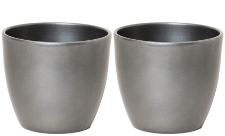 2x stuks bloempot glanzend zilver metallic keramiek voor kamerplant H13.5 x D15.5 cm - Plantenpotten Zilverkleurig