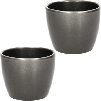 2x stuks bloempot glanzend zilver metallic keramiek voor kamerplant H9.8 x D12 cm - Plantenpotten Zilverkleurig