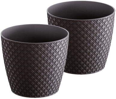 2x stuks bloempot/plantenpot van kunststof zwart D15.7 en H13.8 cm