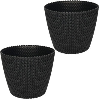 2x stuks bloempot/plantenpot van kunststof zwart D21.8 en H18.4 cm - Plantenpotten