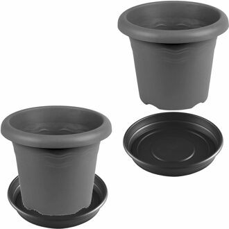 2x stuks bloempotten met onderschaal antraciet grijs rond diameter 35 cm - Plantenpotten