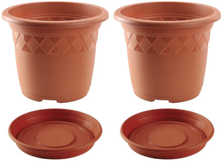 2x Stuks Bloempotten Met Onderschaal Terra Cotta Rond Diameter 29 Cm - Plantenpotten Bruin