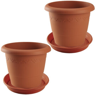 2x Stuks Bloempotten Met Onderschaal Terra Cotta Rond Diameter 30 Cm - Plantenpotten Bruin