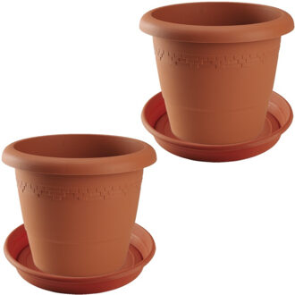 2x stuks bloempotten met onderschaal terra cotta rond diameter 40 cm - Plantenpotten Bruin