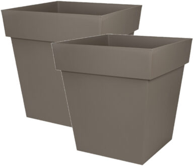 2x stuks bloempotten Toscane vierkant kunststof taupe L32 x B32 x H32 cm - Plantenpotten