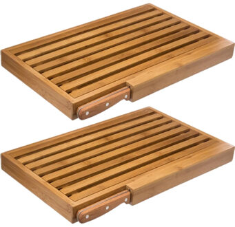 2x Stuks brood snijplank met kruimel opvangbak 44 x 27 cm van bamboe hout inclusief broodmes - Snijplanken Bruin