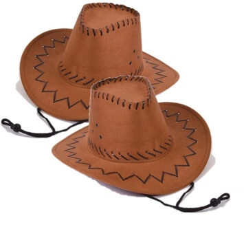 2x stuks bruine leren kinder verkleed cowboyhoed - Carnaval verkleed hoeden