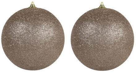 2x stuks Champagne grote kerstballen met glitter kunststof 18 cm - Kerstbal Champagnekleurig