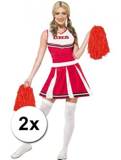 2x Stuks cheerball/pompom met ringgreep - rood - 28 cm - Cheerleader verkleed accessoires