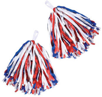 2x stuks Cheerballs/Pompoms in het rood/wit/blauw - Verkleedattributen Multikleur