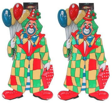 2x stuks clown carnaval decoratie met ballonnen 60 cm - Feestdecoratieborden Multikleur