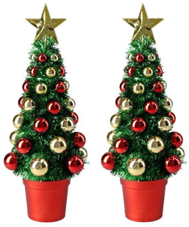 2x Stuks Complete Mini Kunst Kerstboompje/kunstboompje Groen/goud/rood Met Kerstballen 30 Cm - Kunstkerstboom Multikleur