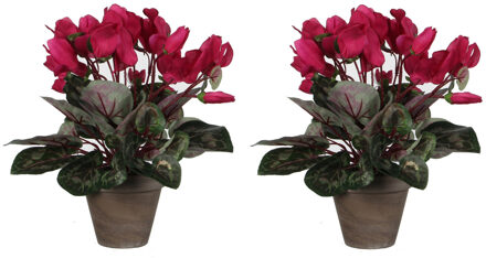 2x stuks cyclaam kunstplanten donker roze in keramieken pot H30 x D30 cm - Kunstplanten