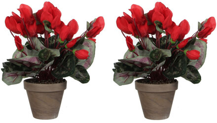 2x stuks cyclaam kunstplanten rood in keramieken pot H30 x D30 cm - Kunstplanten