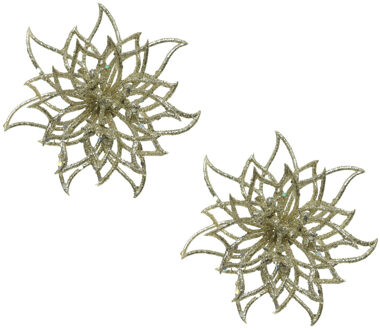 2x stuks decoratie bloemen kerstster champagne glitter op clip 14 cm