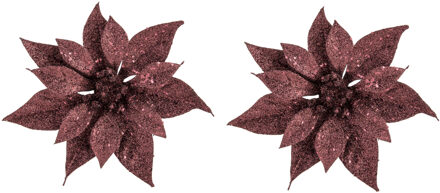 2x stuks decoratie bloemen kerstster donkerrood glitter op clip 18 cm - Kunstbloemen