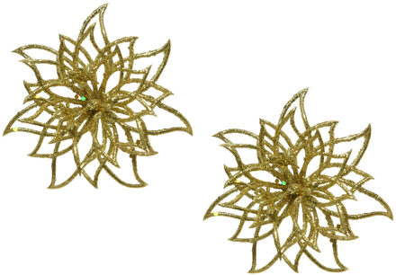 2x stuks decoratie bloemen kerstster goud glitter op clip 14 cm - Kunstbloemen Goudkleurig