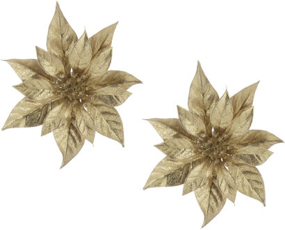 2x stuks decoratie bloemen kerstster goud glitter op clip 18 cm - Kunstbloemen Goudkleurig