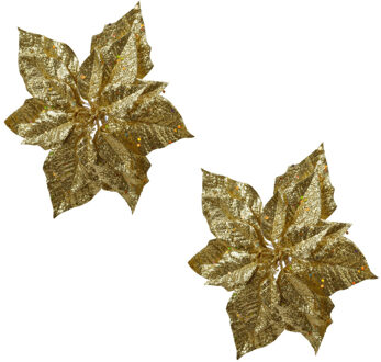2x stuks decoratie bloemen kerstster goud glitter op clip 23 cm - Kunstbloemen Goudkleurig