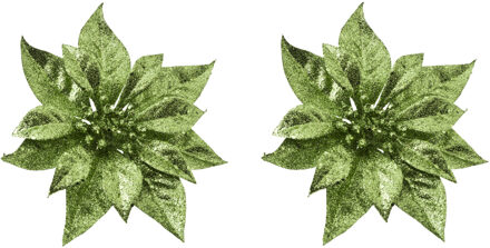 2x stuks decoratie bloemen kerstster groen glitter op clip 18 cm - Kunstbloemen