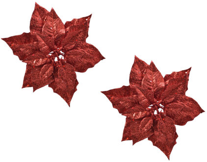 2x stuks decoratie bloemen kerstster rood glitter op clip 23 cm