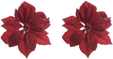 2x stuks decoratie bloemen kerstster rood glitter op clip 24 cm - Kunstbloemen