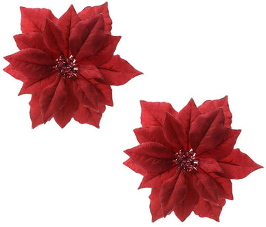 2x stuks decoratie bloemen kerstster rood glitter op clip 24 cm - Kunstbloemen