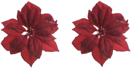 2x stuks decoratie bloemen kerstster rood glitter op clip 24 cm